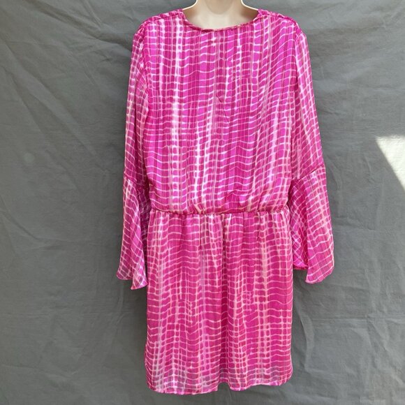 Boston Proper Pink Sz M Surplice Tie-Dye Summery Boho Country Casual Mini Dress - Picture 2 of 7